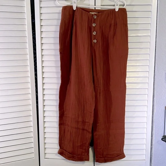 L* Space NWT Georgie Pant. Size L. 100%Cotton/ Gauze Texture. Side pockets. Rust - Picture 2 of 6